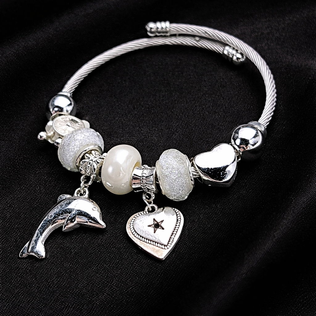 Charm Bracelet Stainless Steel Dolphin Heart Pendant by Aureo - Aureo Corner 