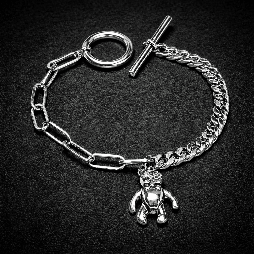 Stainless Steel Bear Charm Cuban Chain Bracelet - Modern & Durable - Aureo Corner 