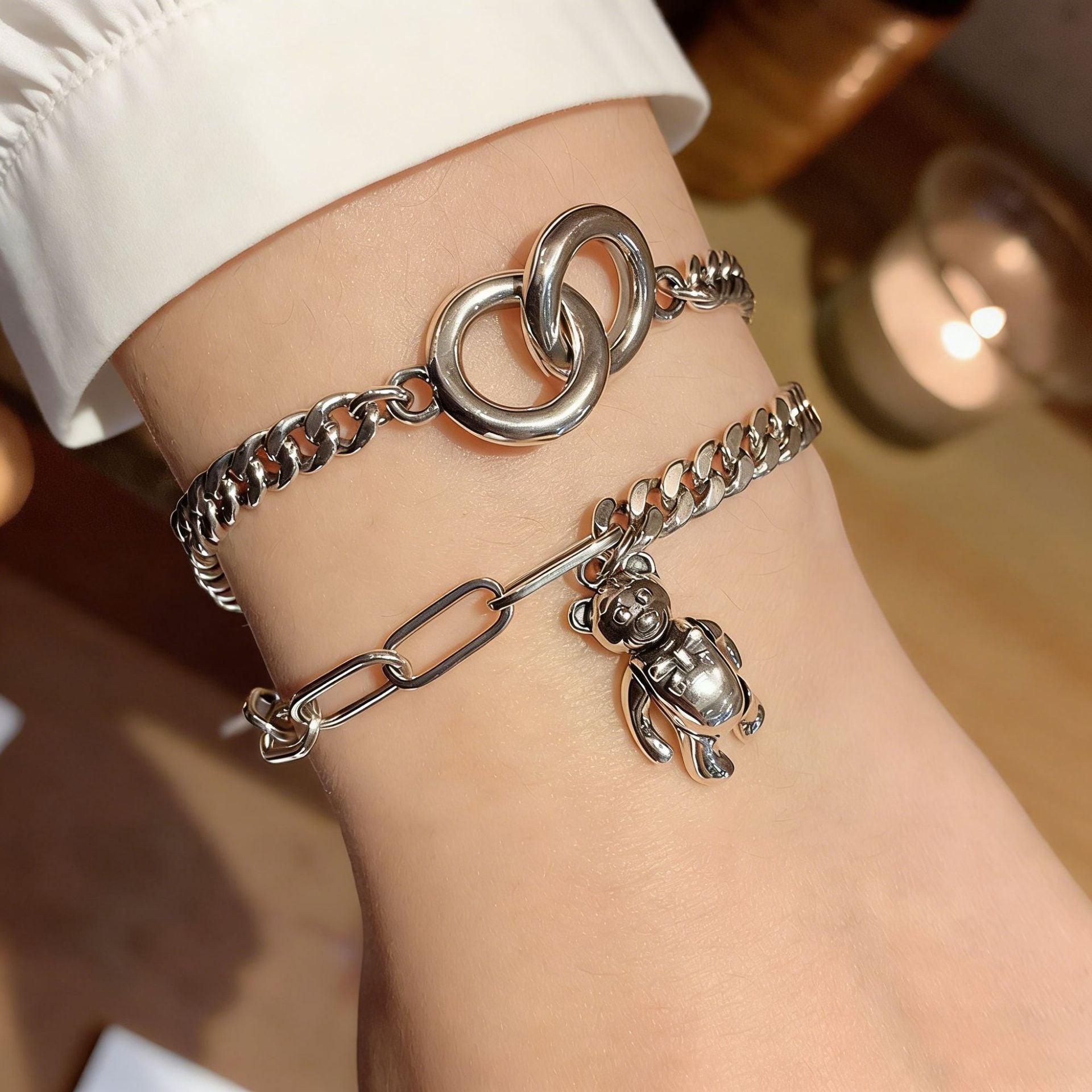 Stainless Steel Bear Charm Cuban Chain Bracelet - Modern & Durable - Aureo Corner 