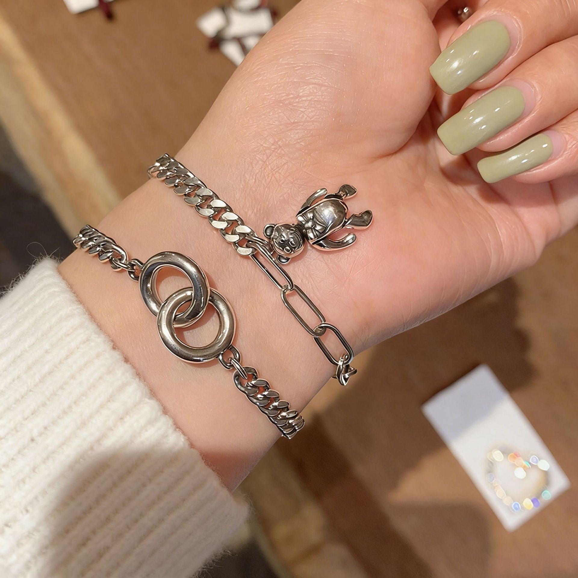 Stainless Steel Bear Charm Cuban Chain Bracelet - Modern & Durable - Aureo Corner 