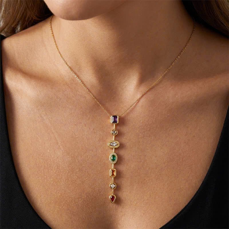 Multi-Stone Lariat Necklace – Gold-Plated Stainless Steel Vertical Drop Necklace for Women - Aureo Corner 