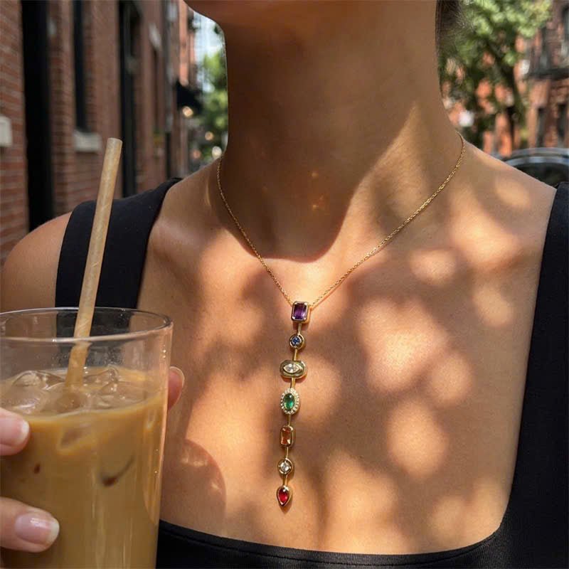 Multi-Stone Lariat Necklace – Gold-Plated Stainless Steel Vertical Drop Necklace for Women - Aureo Corner 