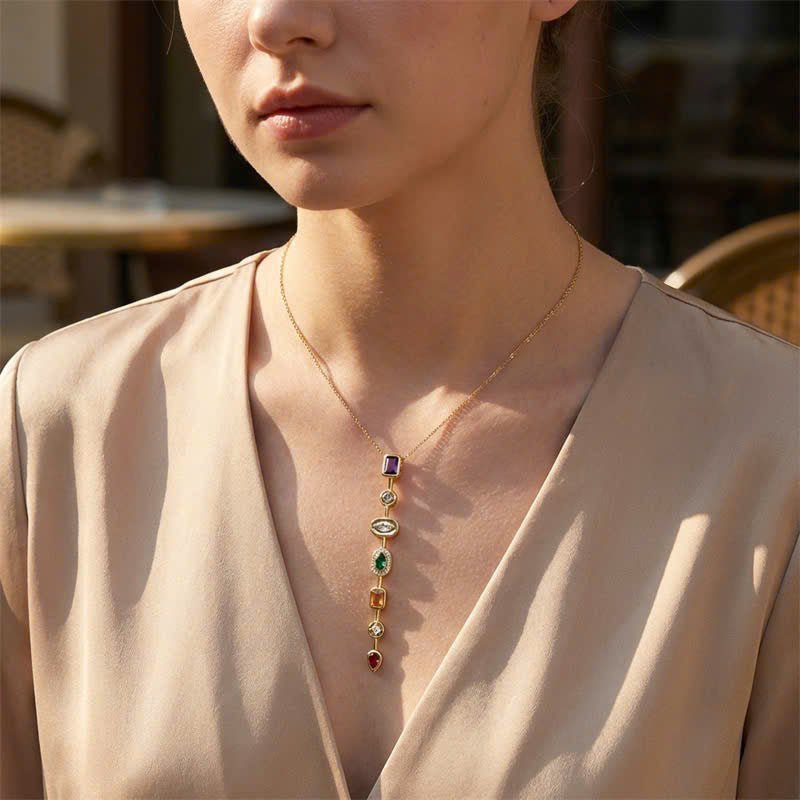 Multi-Stone Lariat Necklace – Gold-Plated Stainless Steel Vertical Drop Necklace for Women - Aureo Corner 