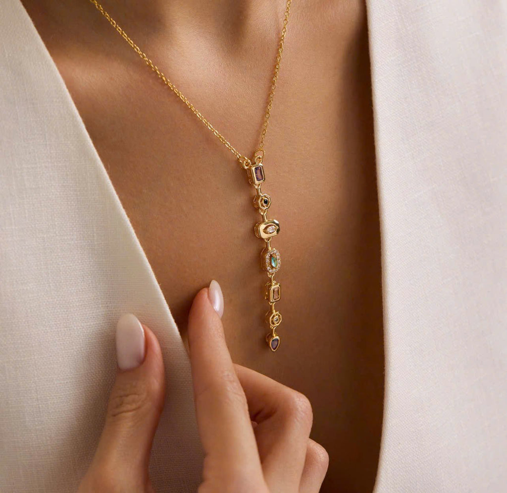 Multi-Stone Lariat Necklace – Gold-Plated Stainless Steel Vertical Drop Necklace for Women - Aureo Corner 