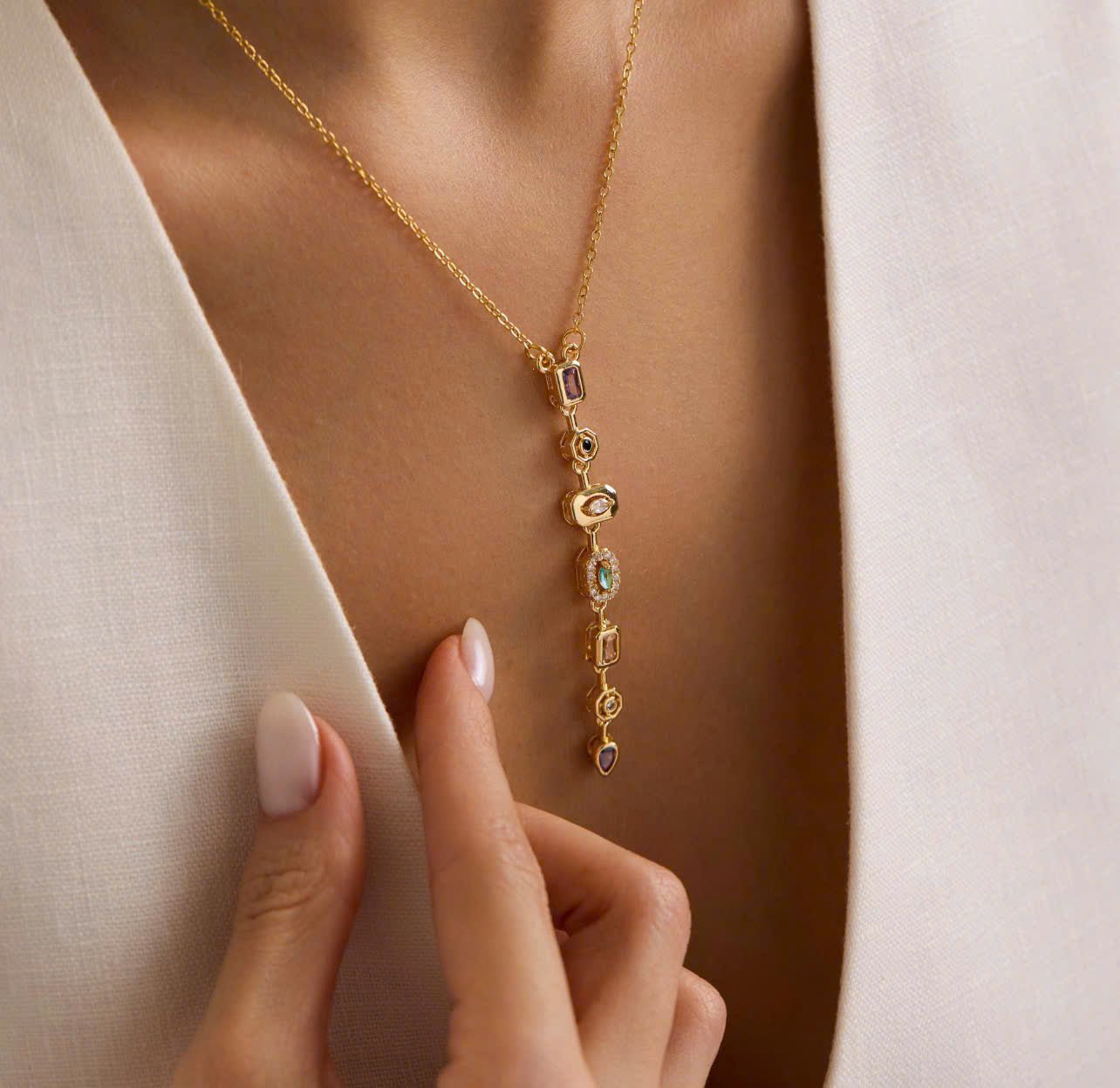 Multi-Stone Lariat Necklace – Gold-Plated Stainless Steel Vertical Drop Necklace for Women - Aureo Corner 