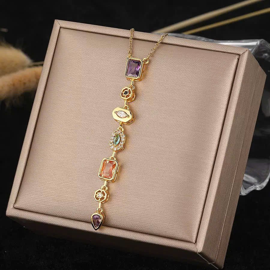 Multi-Stone Lariat Necklace – Gold-Plated Stainless Steel Vertical Drop Necklace for Women - Aureo Corner 
