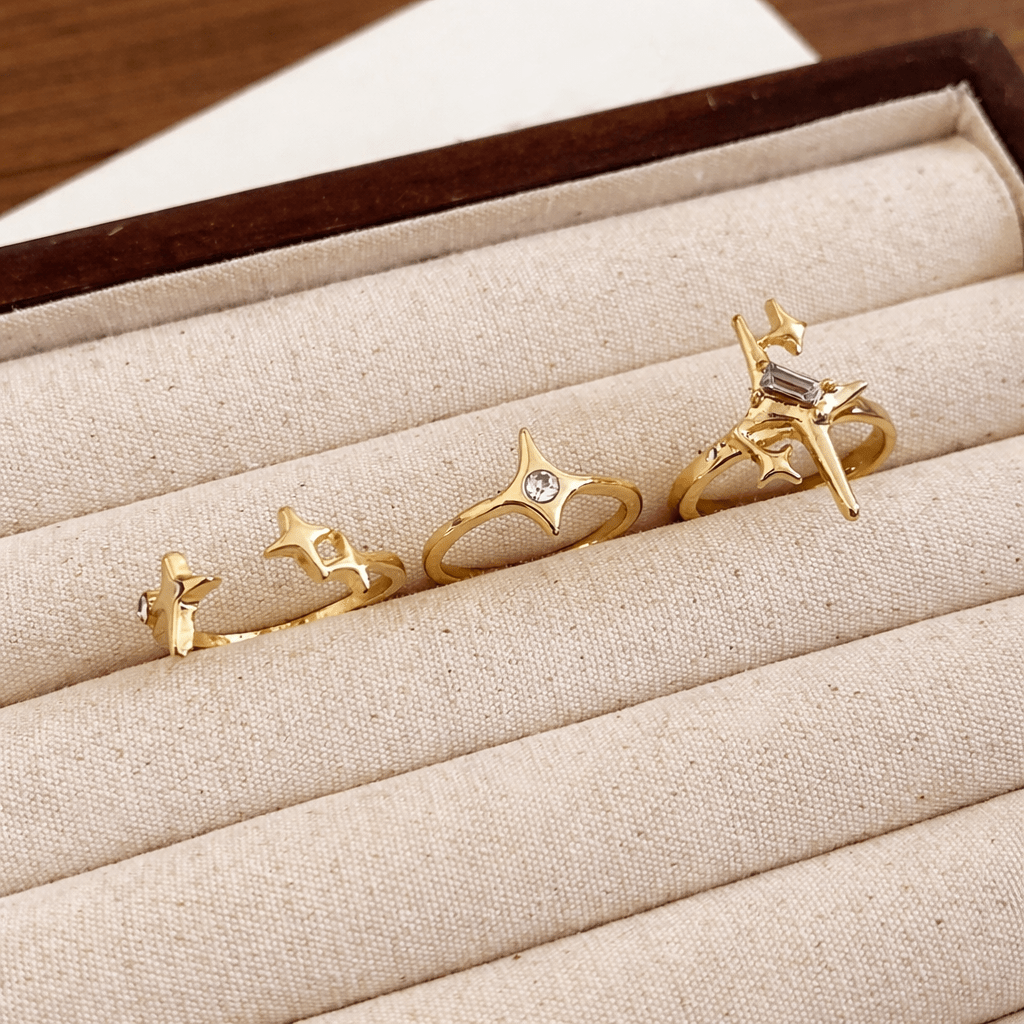 Aureo Star Trio: Gold-tone Celestial Ring Set - Aureo Corner 