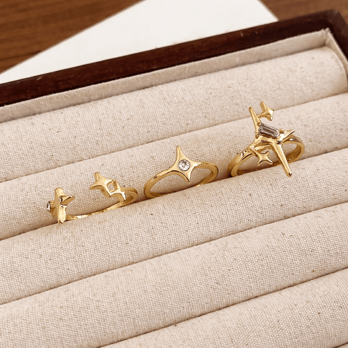 Aureo Star Trio: Gold-tone Celestial Ring Set - Aureo Corner 