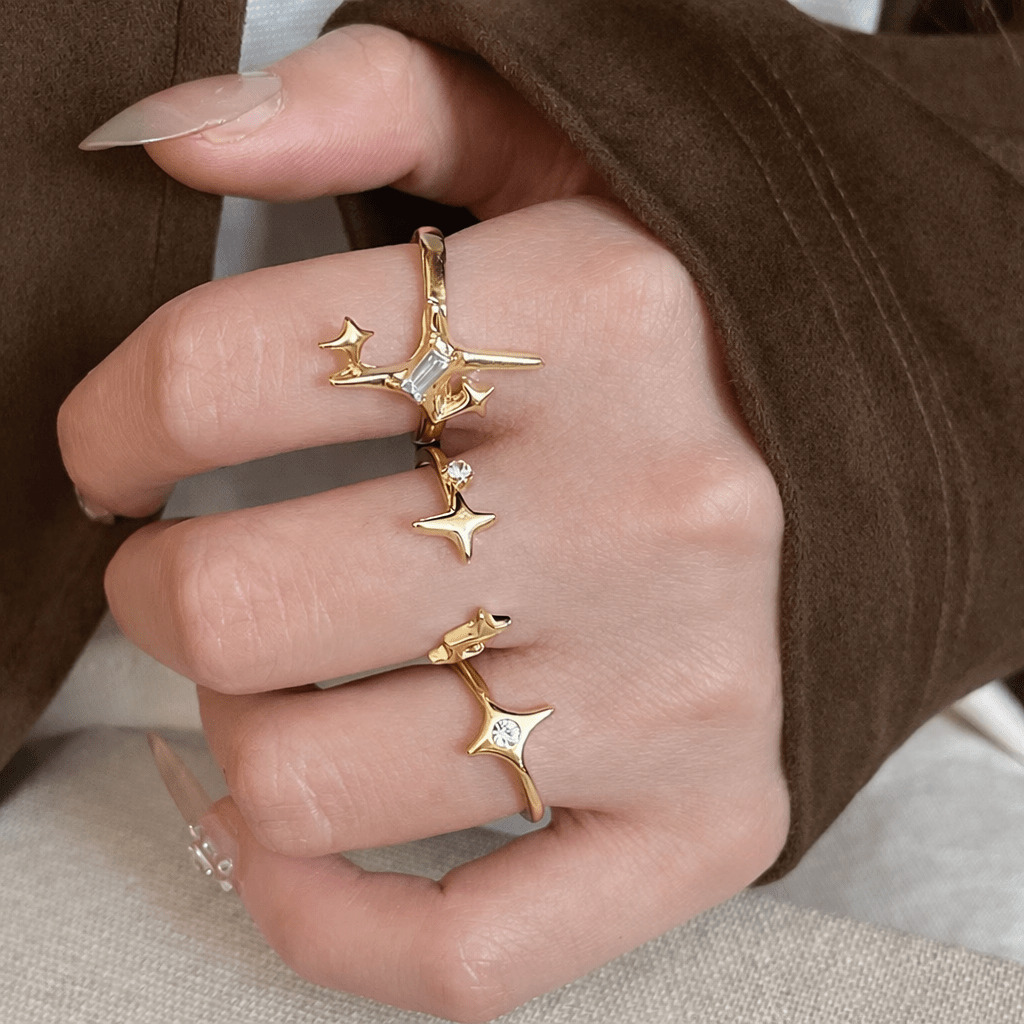 Aureo Star Trio: Gold-tone Celestial Ring Set - Aureo Corner 