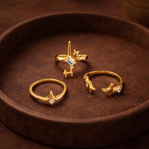 Aureo Star Trio: Gold-tone Celestial Ring Set - Aureo Corner 