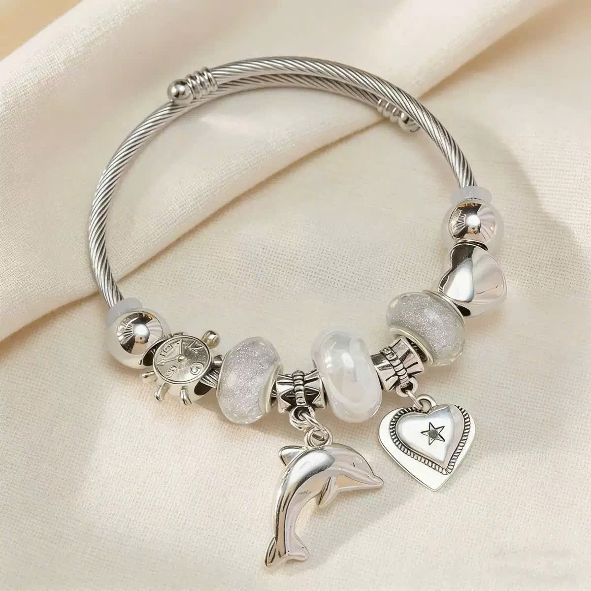 Charm Bracelet Stainless Steel Dolphin Heart Pendant by Aureo - Aureo Corner 