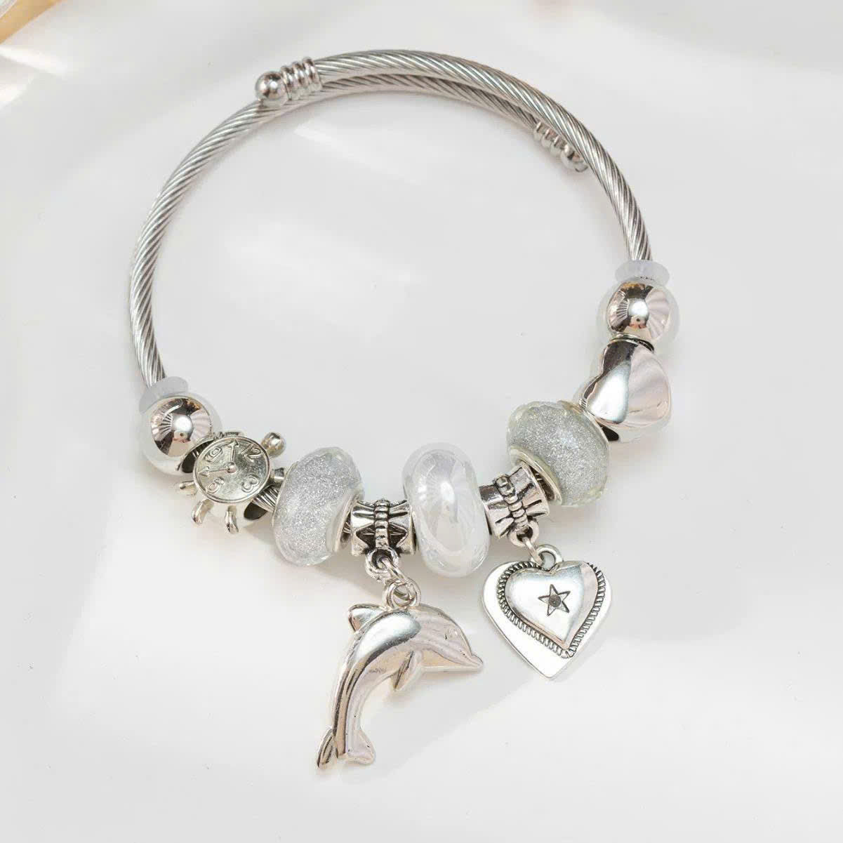 Charm Bracelet Stainless Steel Dolphin Heart Pendant by Aureo - Aureo Corner 